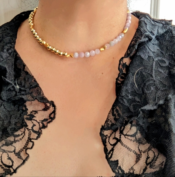 Natural Pink Kunzite  In Half And Half Design Beaded Necklace Choker - Picture 10 of 10